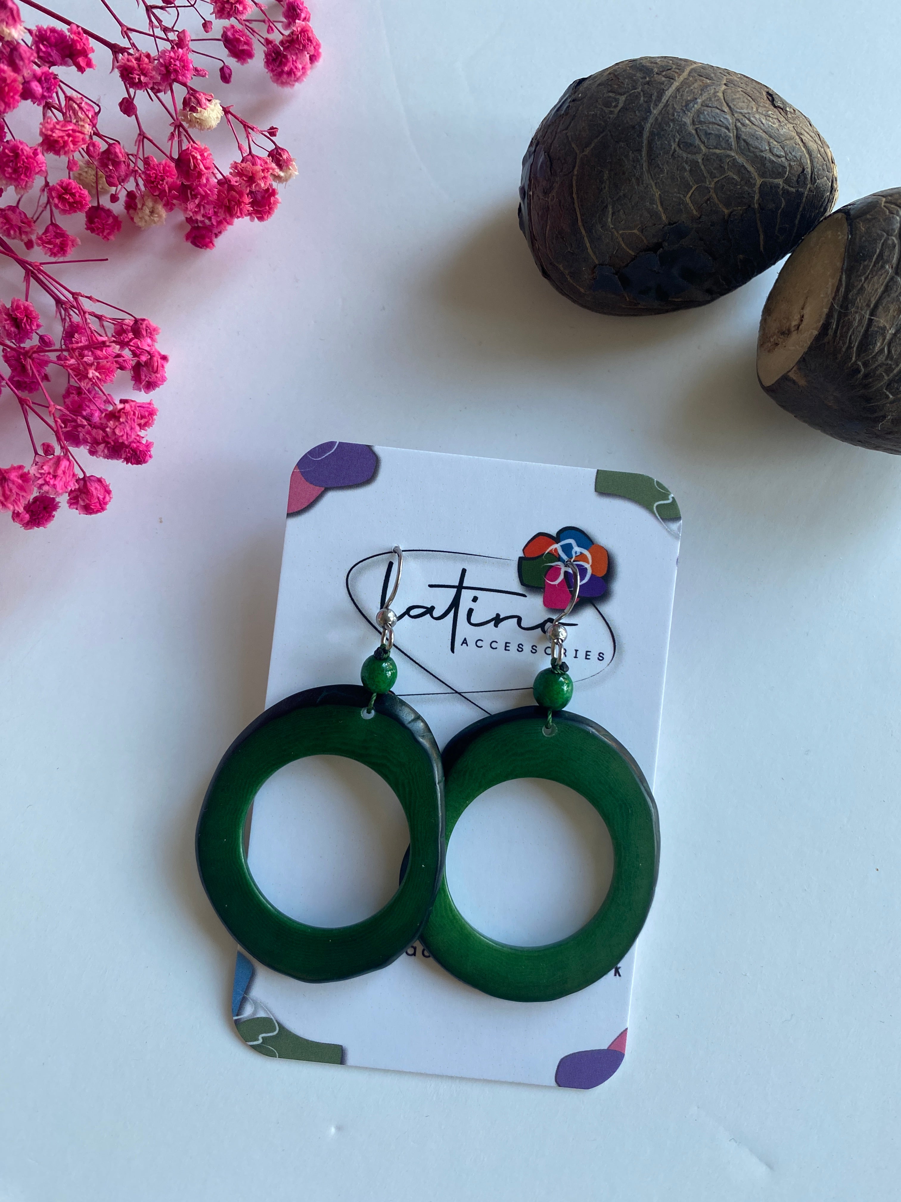 Green Hoops Tagua Earrings